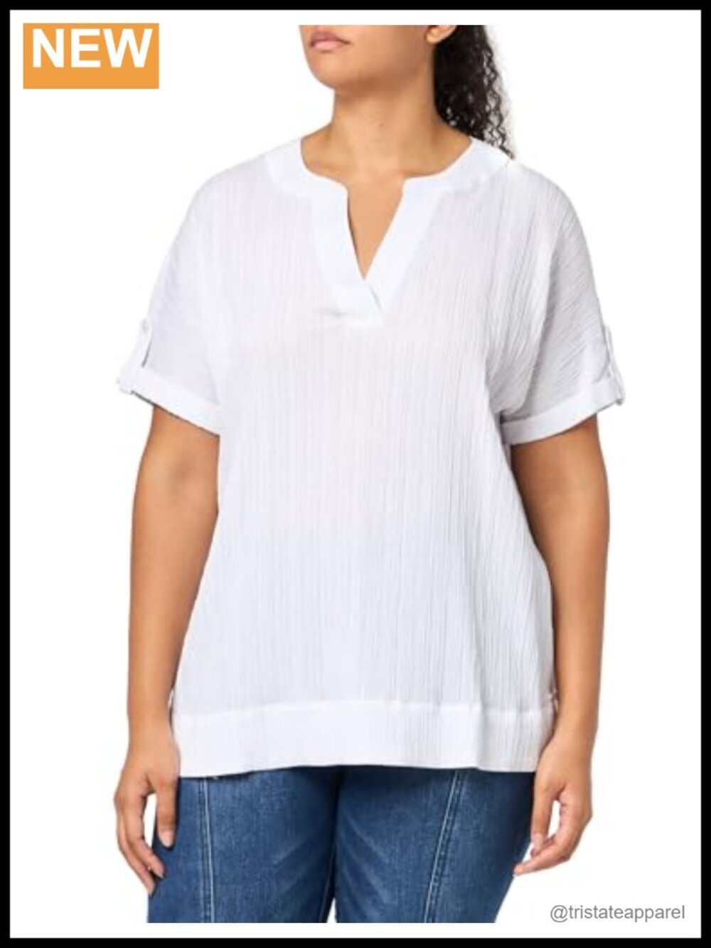 Women's Cuffed Tab Dolman Sleeve Y-Neck Band Collar Top
